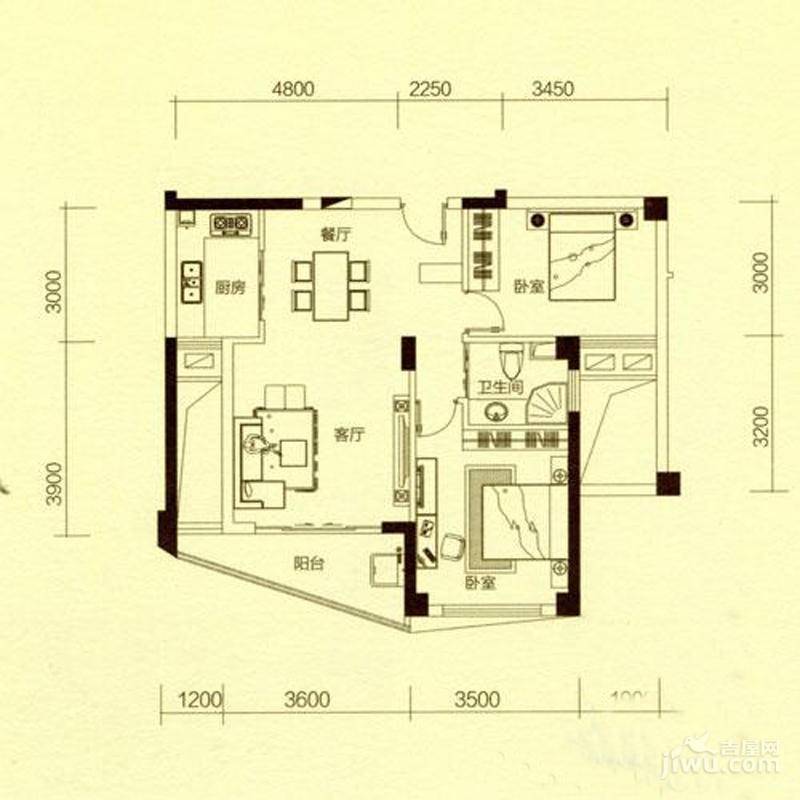 东厦东港花苑2室2厅1卫90㎡户型图