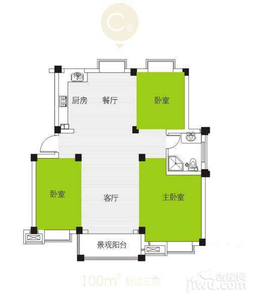 花城名苑3室2厅1卫100㎡户型图