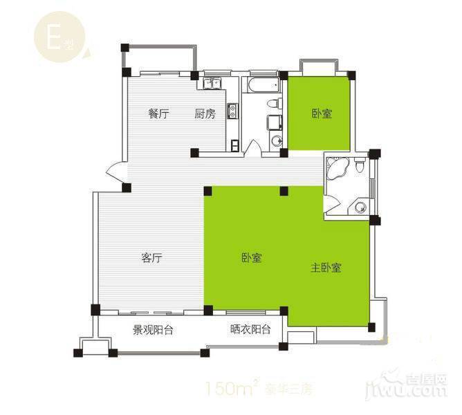 花城名苑3室2厅2卫150㎡户型图