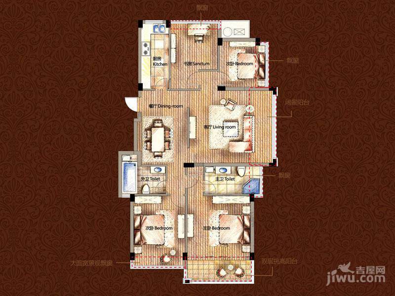 雅戈尔御西湖4室2厅2卫140㎡户型图