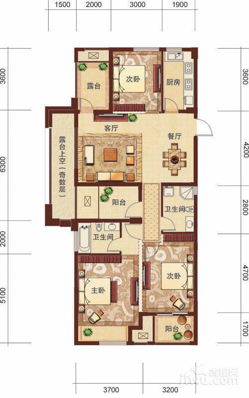 东田擎天半岛3室2厅2卫122.6㎡户型图