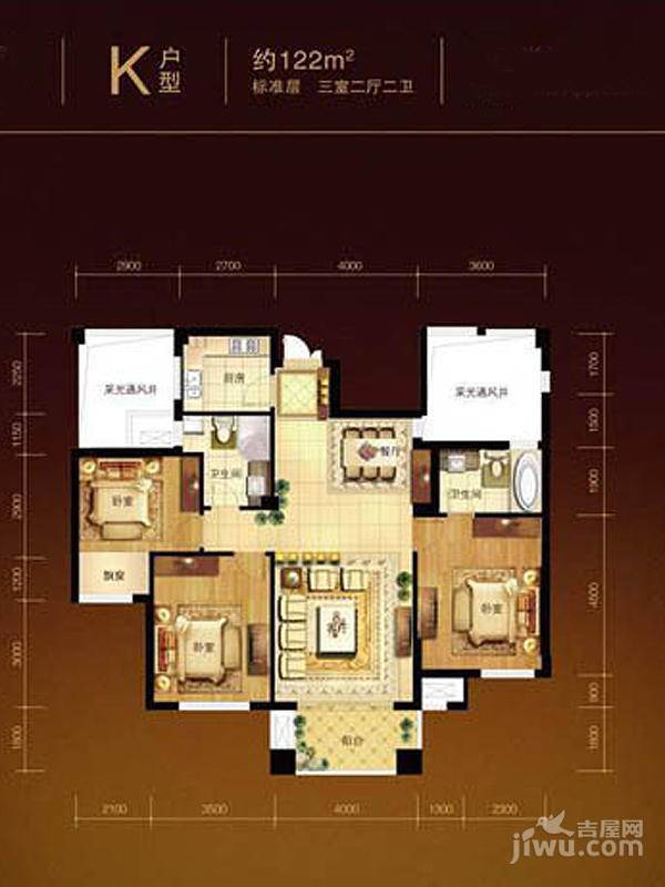 理想四维理想家园3室2厅2卫122㎡户型图