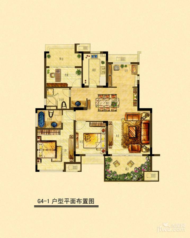 金地自在城3室2厅2卫123.3㎡户型图