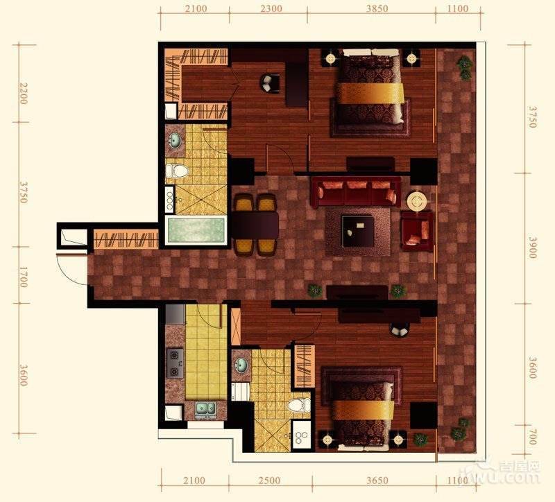 绿城蓝色钱江2室2厅2卫168㎡户型图