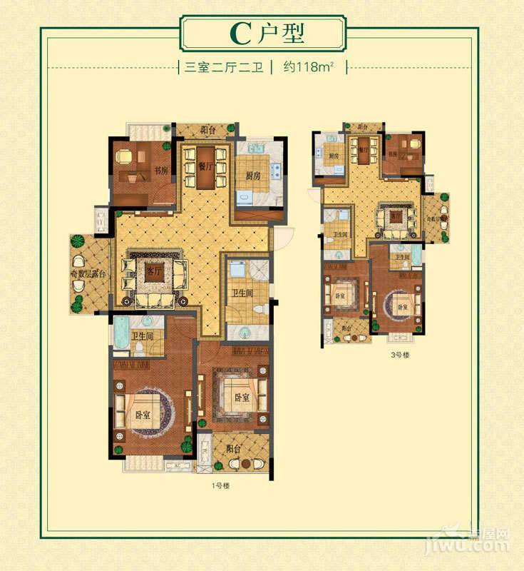 丁桥颐景园商铺3室2厅2卫118㎡户型图