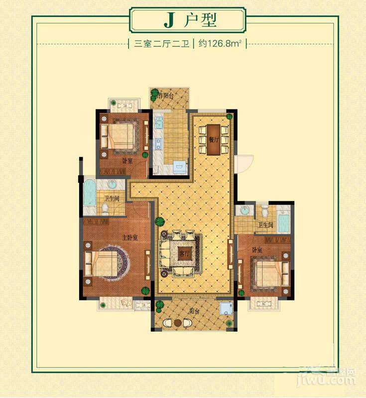 丁桥颐景园商铺3室2厅2卫126.8㎡户型图