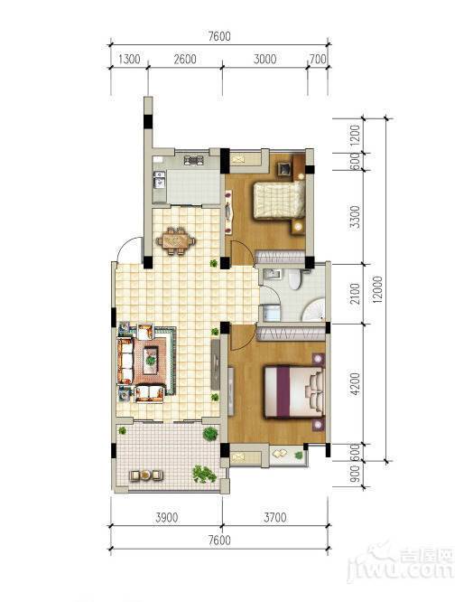 广和美地兰庭2室2厅1卫77.7㎡户型图