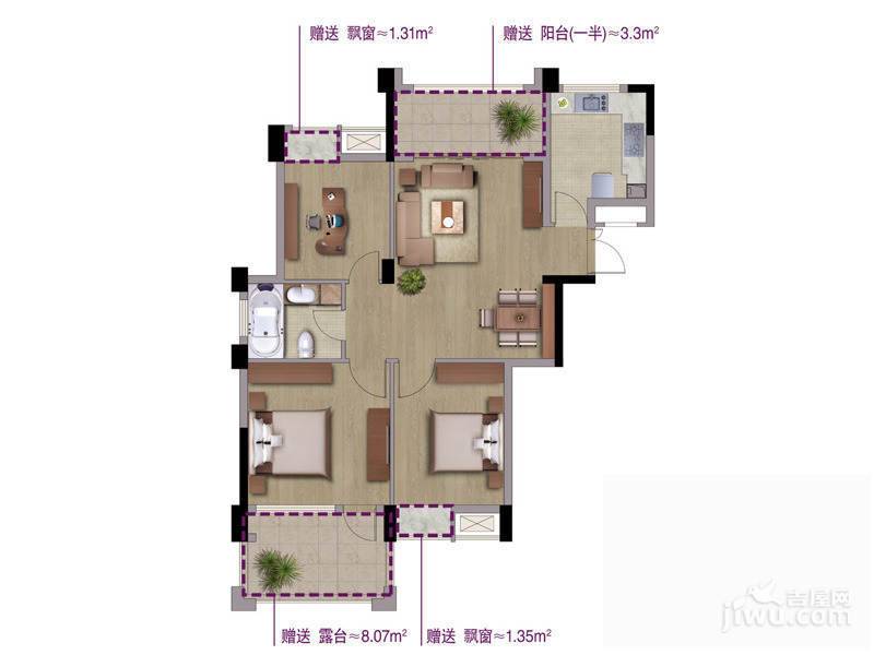 天阳九筑3室2厅2卫88㎡户型图