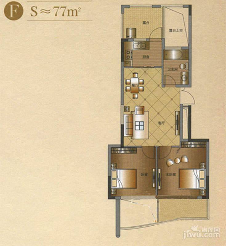 泊金湾2室2厅1卫77㎡户型图