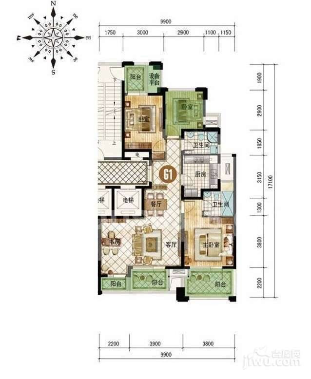 侨福一品高尔夫4室2厅2卫115㎡户型图