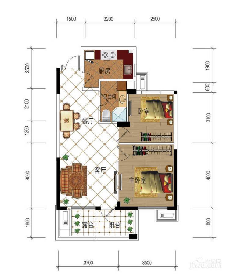 金成江南春城庭院2室2厅1卫77㎡户型图