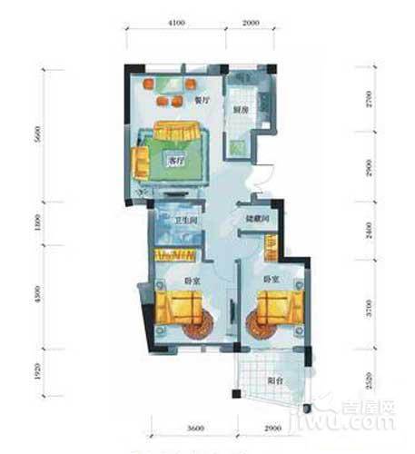 泊林漫谷香墅园2室2厅1卫86.7㎡户型图