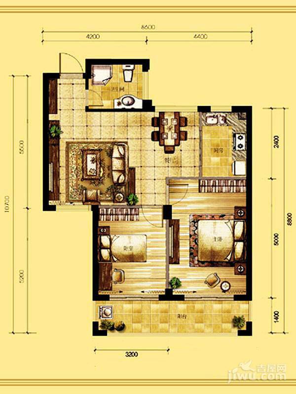 栖水珑庭2室2厅1卫85.4㎡户型图