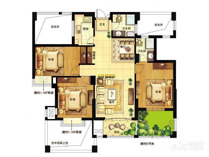 理想康城国际3室2厅2卫120.6㎡户型图