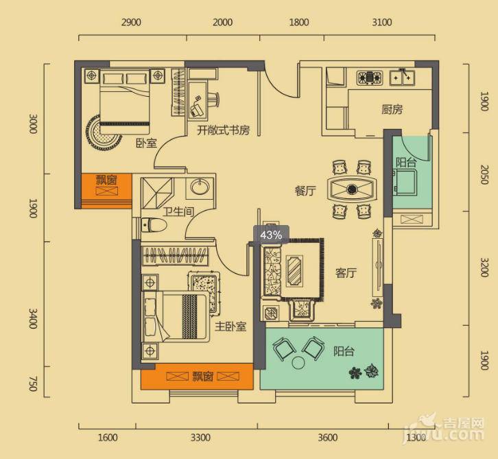 海赋江城2室2厅1卫83㎡户型图