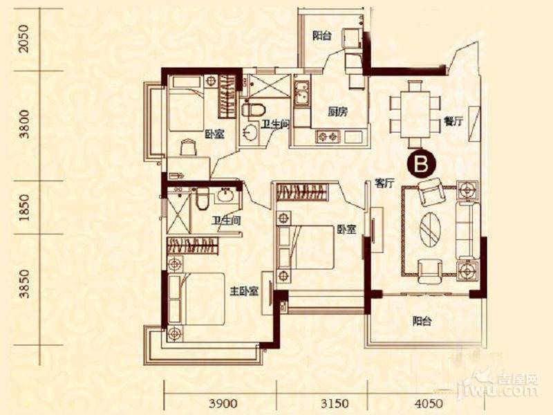 恒大绿洲3室2厅2卫119.8㎡户型图