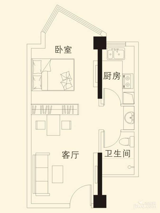 裕亚俊园1室1厅1卫47.5㎡户型图