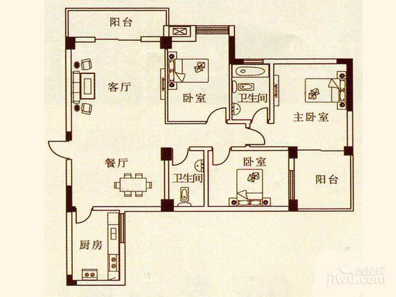深港国际3室2厅2卫136.9㎡户型图