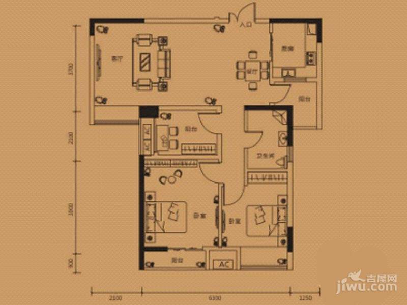 硚房翰林珑城2室2厅1卫88.5㎡户型图