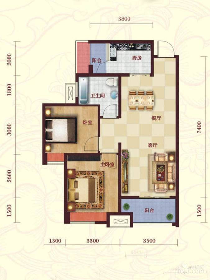 御江公馆2室2厅1卫86.1㎡户型图