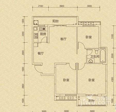 滠水春晓3室2厅1卫112.8㎡户型图