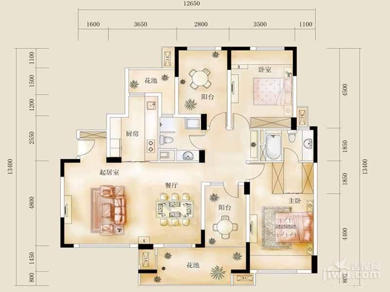 万科红郡2室2厅2卫137㎡户型图