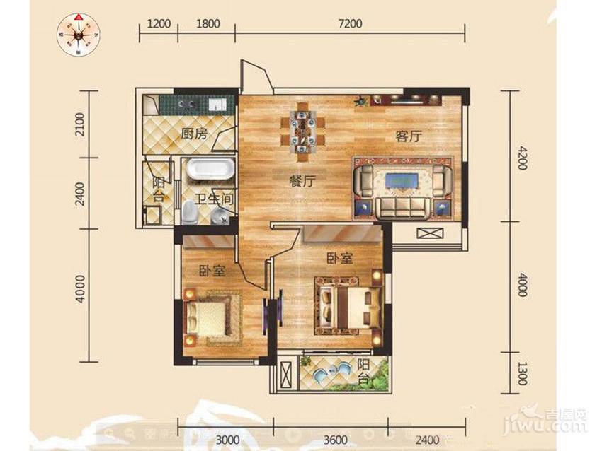 知音学府2室2厅1卫93㎡户型图