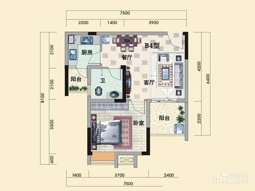 兴邦华庭1室1厅1卫54㎡户型图