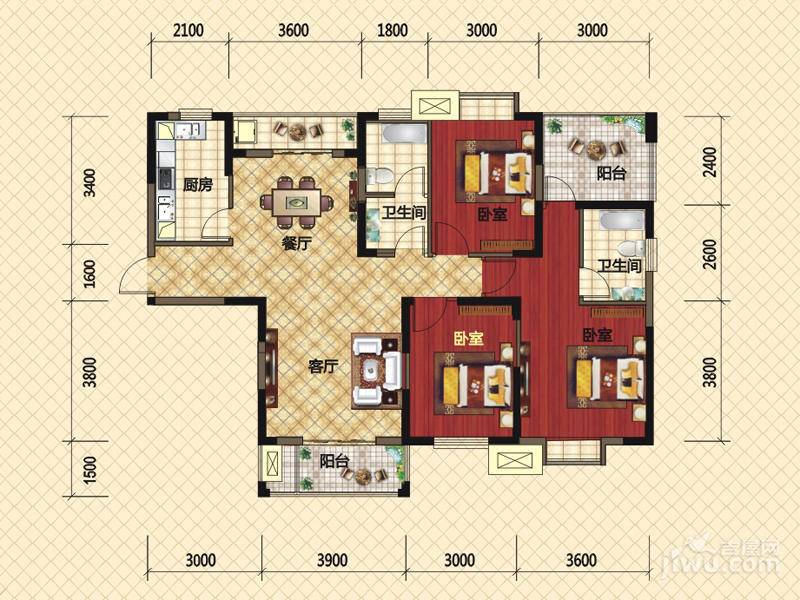 名士1号3室2厅2卫131.6㎡户型图