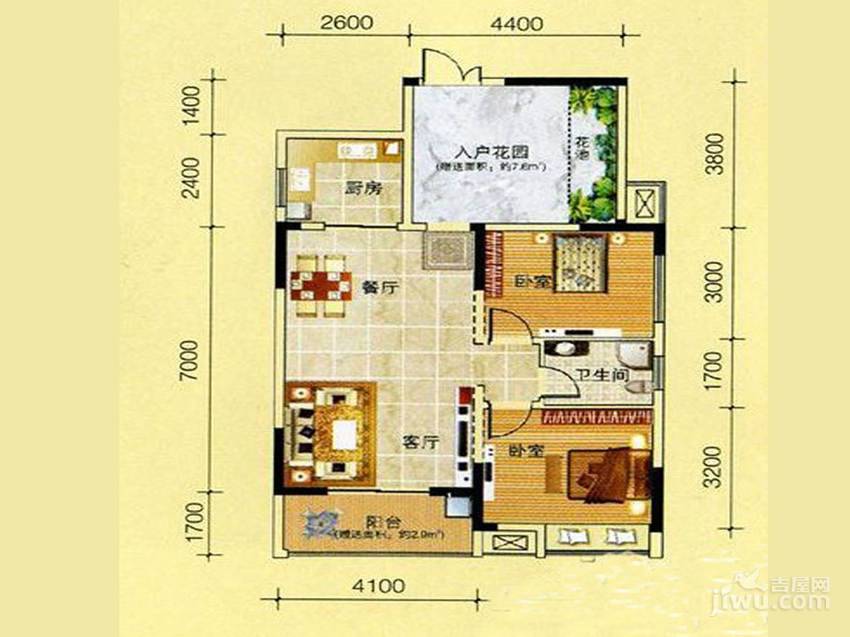 江郡华府2室2厅1卫88.2㎡户型图