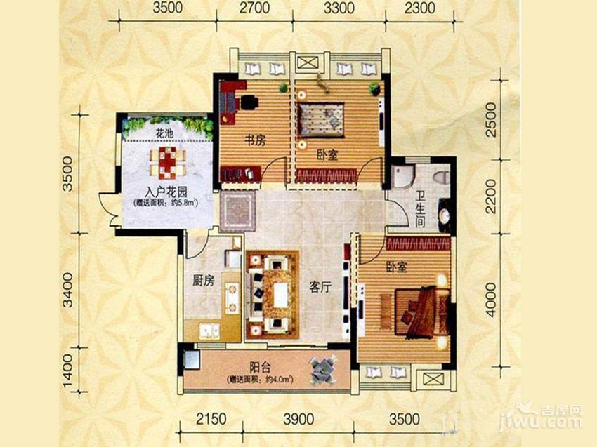 江郡华府3室2厅1卫89.7㎡户型图