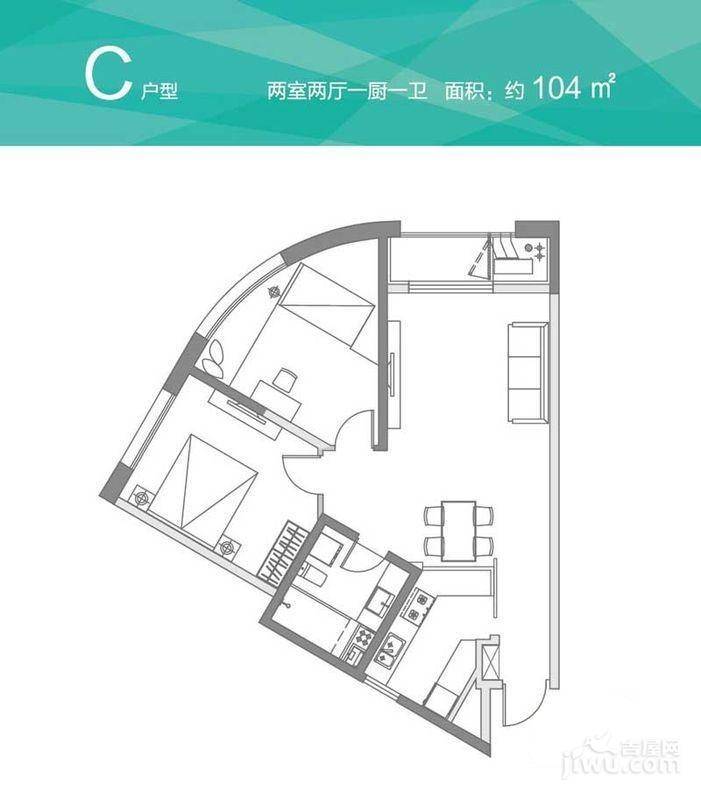 万科双子座2室2厅1卫104㎡户型图