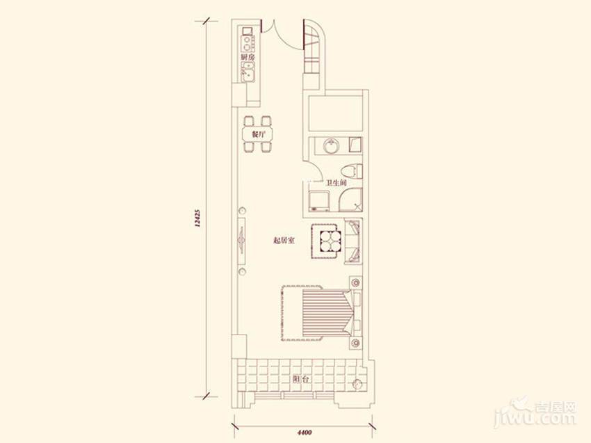 塞纳公馆1室1厅1卫61㎡户型图