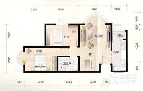 富贵嘉园2室2厅1卫77.9㎡户型图