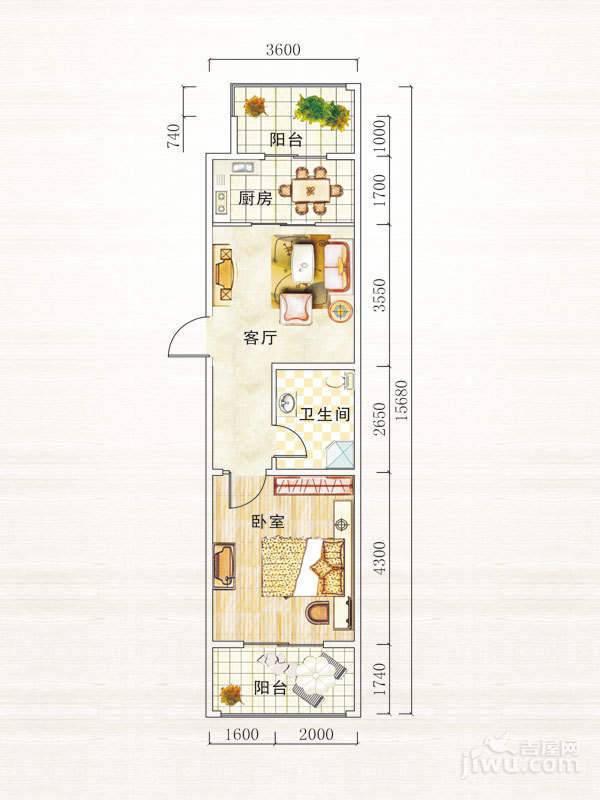 泊岸豪庭1室1厅1卫61.8㎡户型图