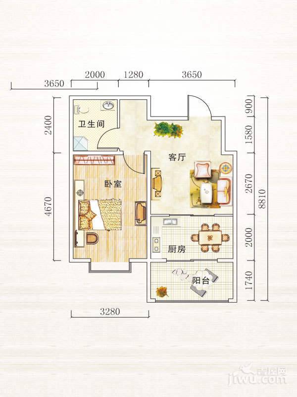 泊岸豪庭1室1厅1卫57.7㎡户型图