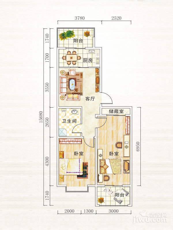 泊岸豪庭2室1厅1卫86.8㎡户型图