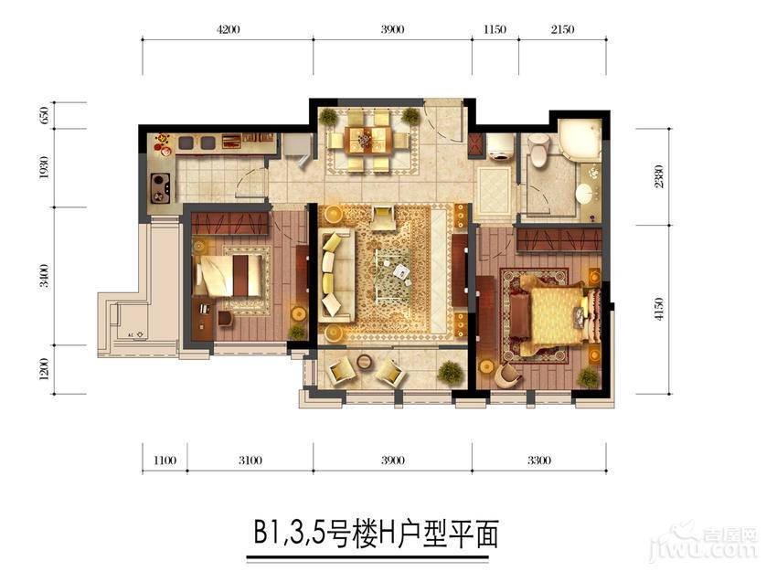 融科瀚棠2室1厅1卫90㎡户型图