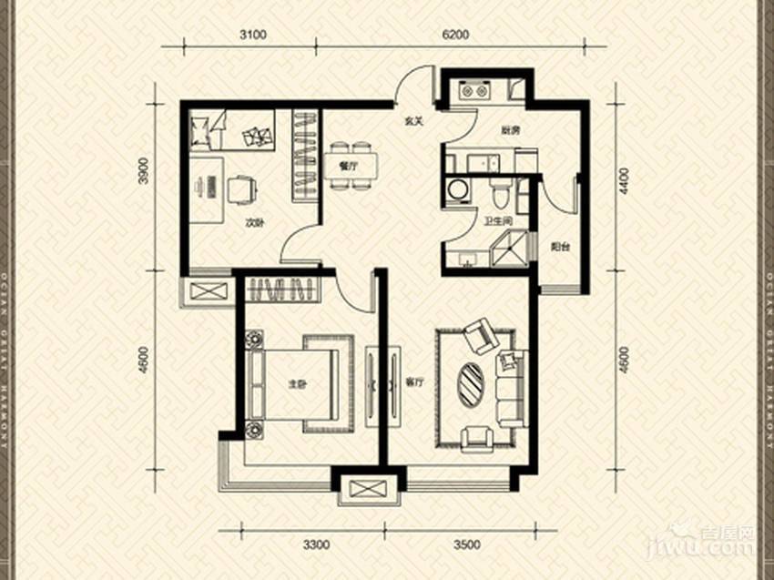 远洋万和城2室2厅1卫94.7㎡户型图