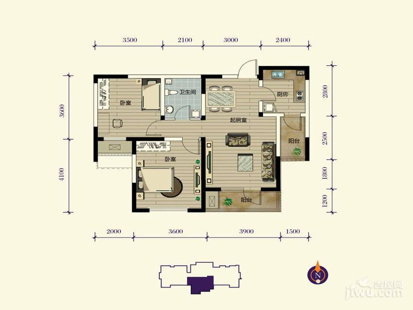 宏城御溪园2室2厅1卫90.8㎡户型图