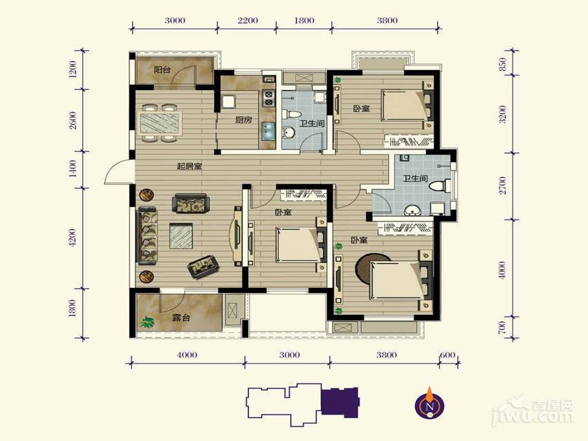 宏城御溪园3室3厅2卫129㎡户型图