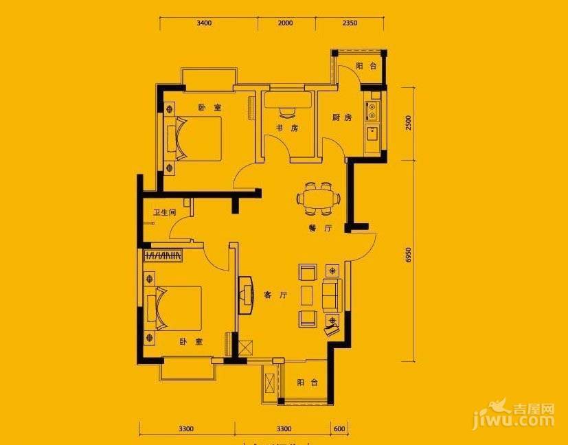 现代城2室2厅1卫90㎡户型图