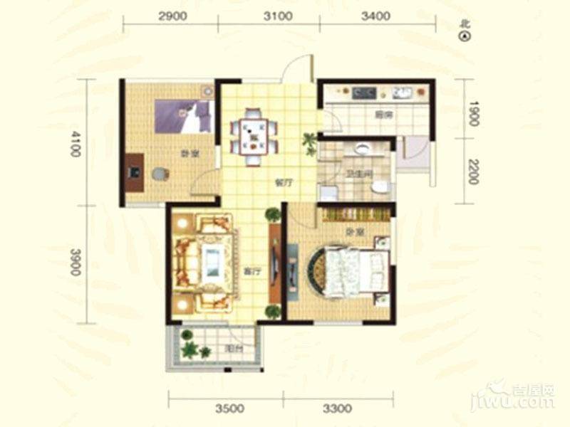 紫竹华庭2室2厅1卫90㎡户型图