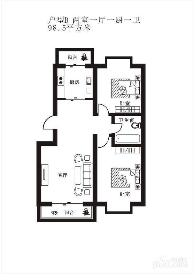 盛世豪庭三期2室1厅1卫98.5㎡户型图