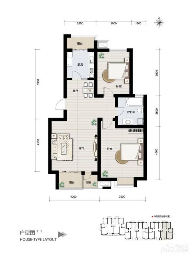 天津滨海现代城2室2厅1卫93.8㎡户型图