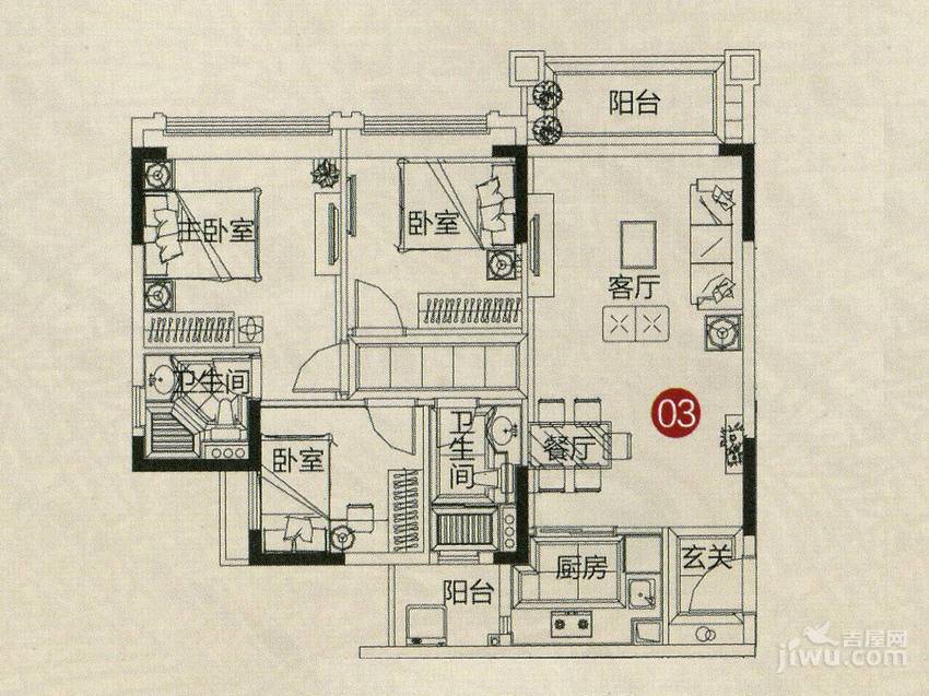 敏建锦绣世家3室2厅2卫94㎡户型图