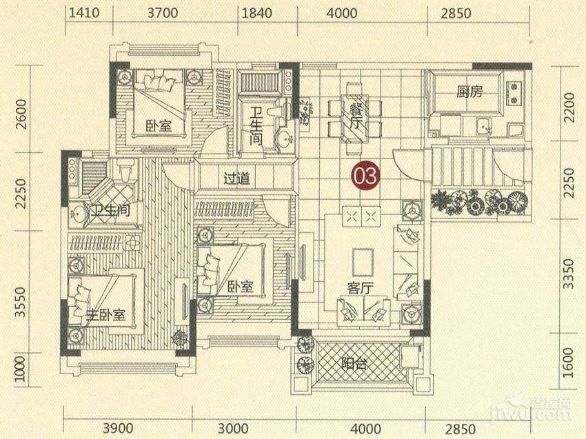 敏建锦绣世家3室2厅2卫94㎡户型图