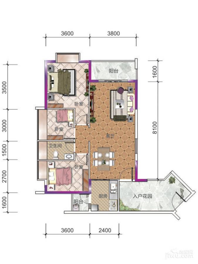 紫茗花园3室2厅1卫102.8㎡户型图