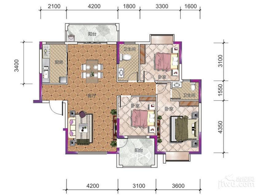 紫茗花园3室2厅2卫126.2㎡户型图