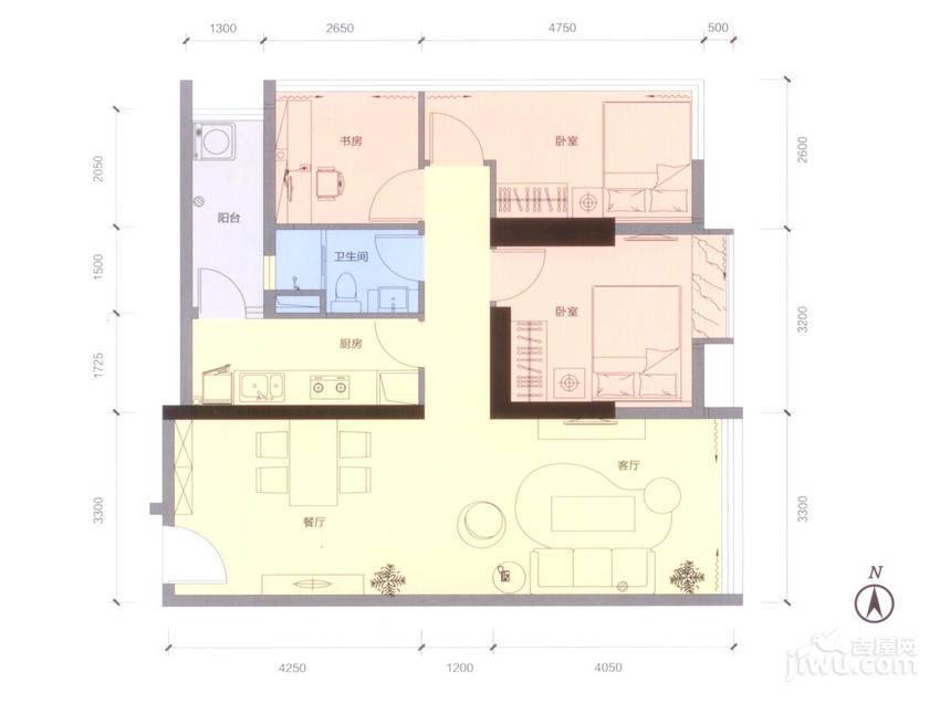 中铁盛德国际3室2厅1卫100㎡户型图